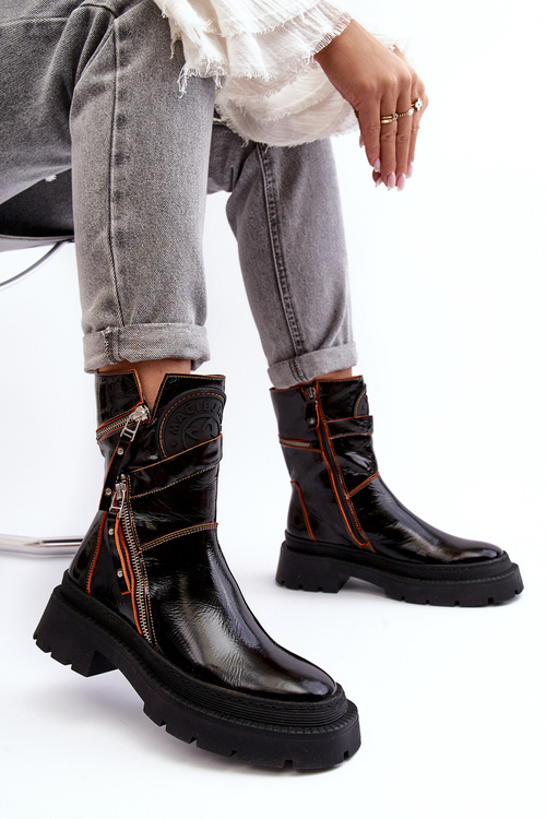 Women's Glossy Leather Boots With Zippers Maciejka 06238-18 Black