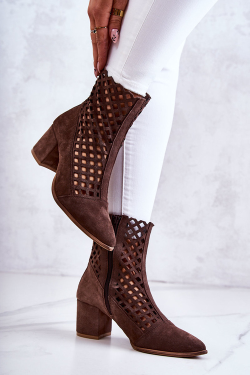 Suede Openwork Boots On High Heel Nicole 2638 Dark brown