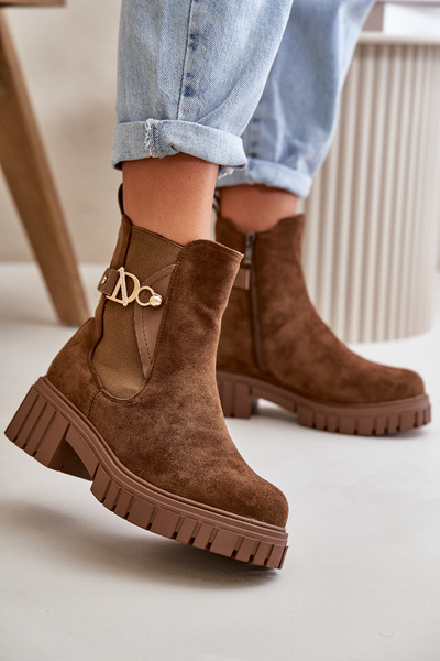 Warm Women's Boots with Golden Detail Eco Suede Brown Bervena