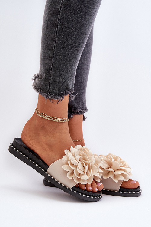 Women's Beige Flower Embellished Slippers Cellanen