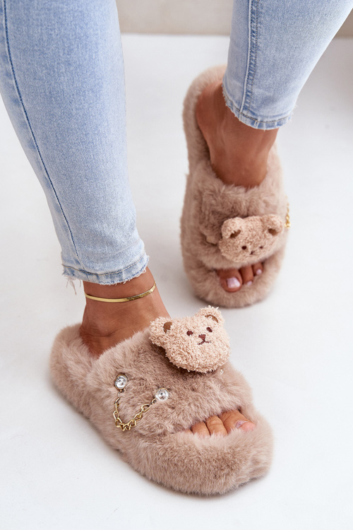 Women’s Furry Slippers With Bear And Decorative Elements Beige Innalise