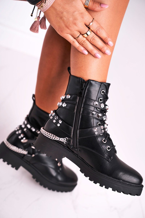 Women's Boots Silver Rivets Chains Black Desire