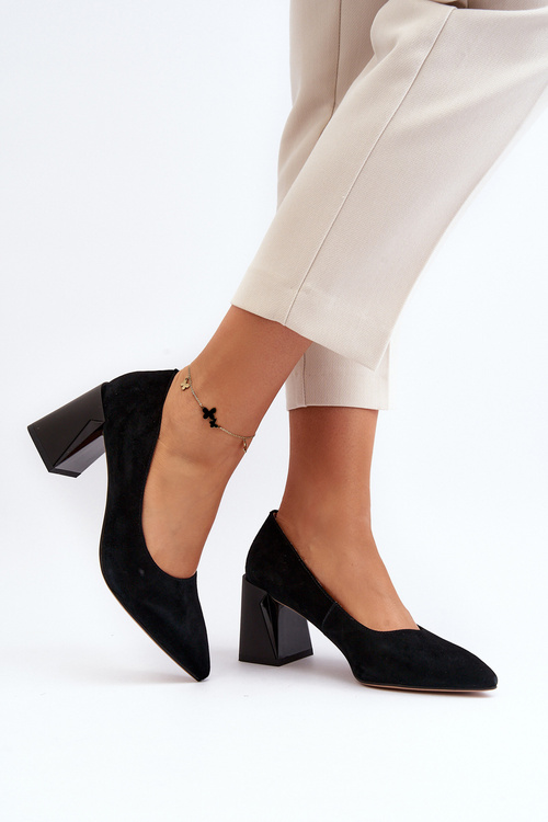 Black Suede Court Shoes with Chunky Heel Alessyndra