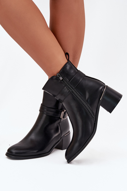 Warm Ladies Ankle Boots With Heel Strap And Buckle Black Sylira