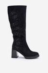 Decorated Ladies Knee High Boots Insulated On Heel Black MR880-158