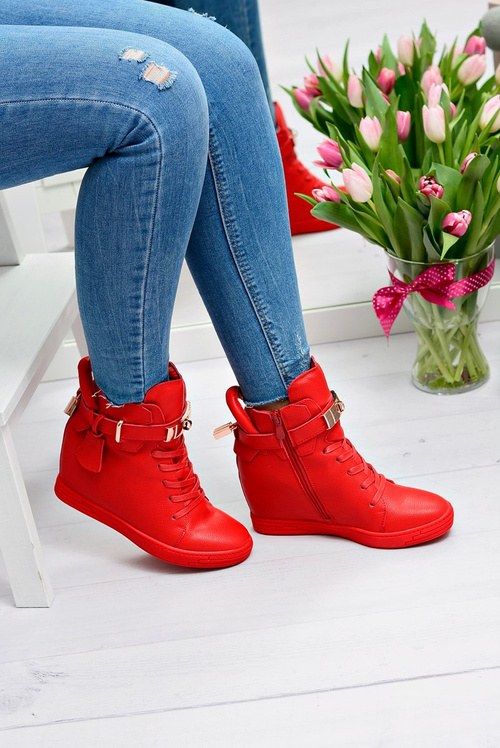 Women's Red Sneakers Gold Padlock Anchor Hudgens