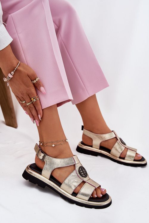 Damskie Sandały Lakierowane Skóra Naturalna Ozdobny Detal Złote Artiker 56C0689