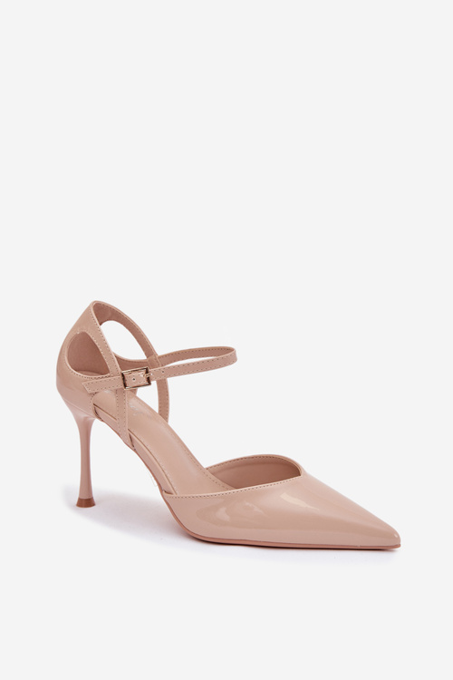 Szpilki Lakierowane Eko Skórzane Z Paskiem Beżowe Tarilin