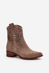 Botki Kowbojki Damskie Ażurowe Zamszowe Niski Obcas Cappucino Zazoo 3305/2