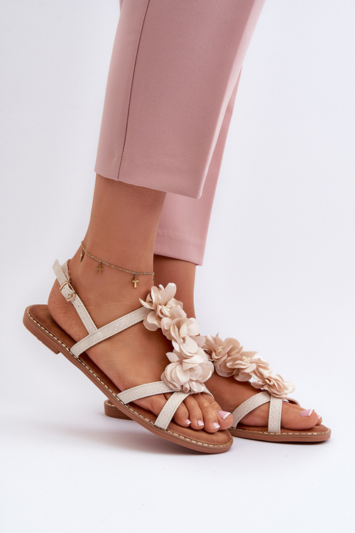 Women's Flat Sandals Adorned with Flowers Beige Abidina