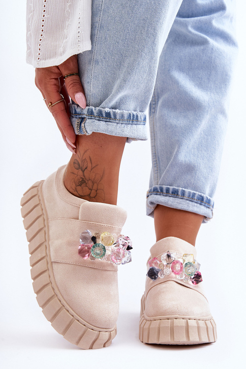Buty Sportowe Półbuty Modne Wsuwane Ozdoba Beżowe Desire NB615