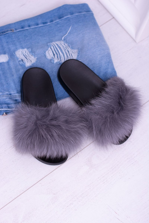 Women's Flip Flops with Natural Fur Grey Naturis