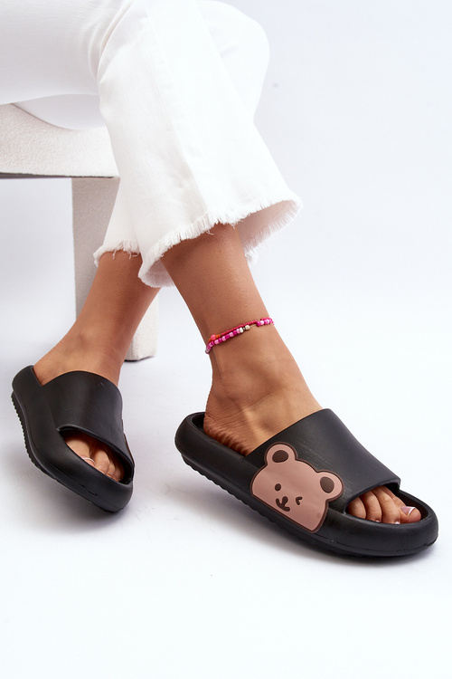 Women's Lightweight Foam Slippers Bear Motif Black Parisso