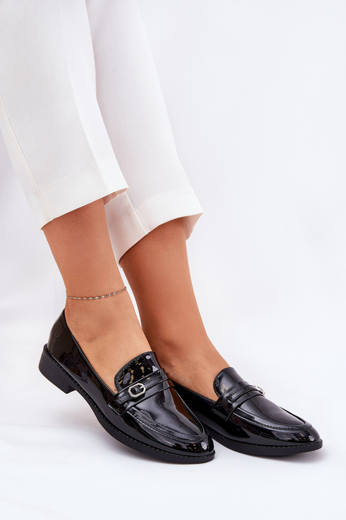 Lacquered Women's Loafers With Decorative Buckle Black Mollan