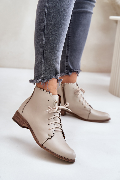 Leather Ankle Boots With Flat Heel Beige Zazoo 2964