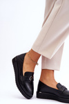 Women's Low Wedge Leather Loafers Black Synthia