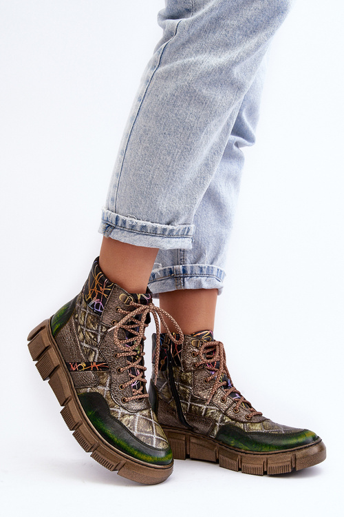 Botki Damskie Wzorzyste Skóra Oliwkowe Maciejka 06145-24