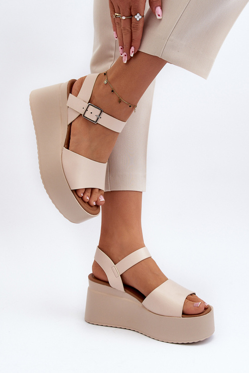 Sandały Damskie Na Koturnie Beżowe PS18