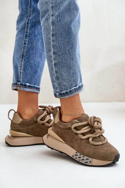 Damskie Zamszowe Sneakersy Grube Sznurowanie Platforma Jasnobrązowe Artiker 54C1466