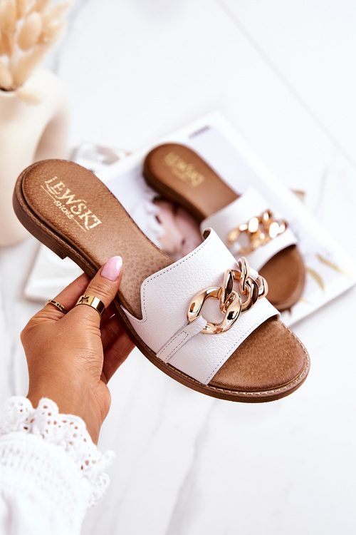 Leather Chain Flip Flops Lewski 3052 White