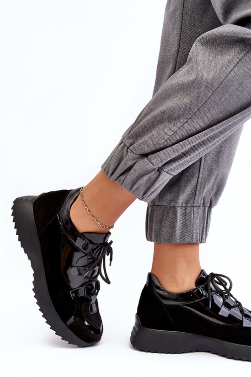Buty Sportowe Lakierowane Damskie Skóra Czarne M01/2 Zazoo
