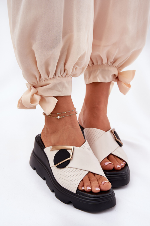 Elegant Ladies Leather Slippers On Wedge With Decoration Beige Artiker 56C1585
