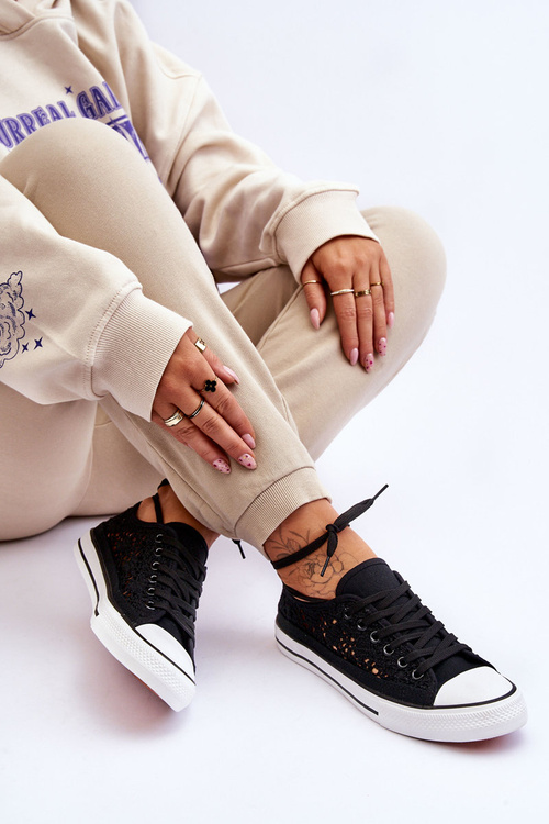 Trampki Damskie Ażur Materiał Czarne Fergo