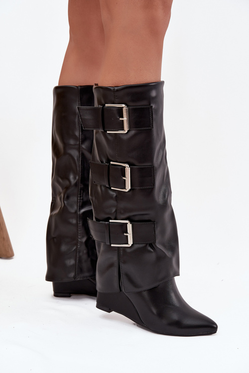 Women's Platform Boots with Turned Top and Silver Buckles Black Sarisse