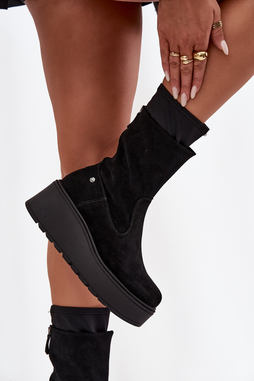 Botki Damskie Zamsz Masywna Platforma Czarne Maciejka A7161-20
