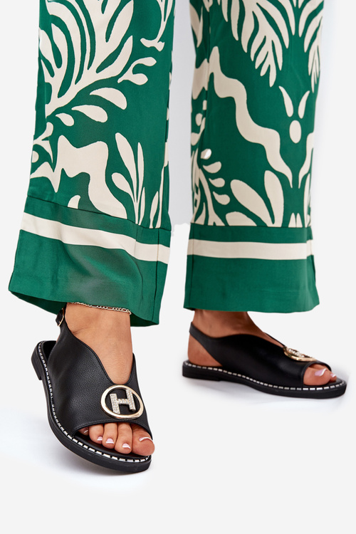 Sandały Damskie Eko Skóra Płaskie Z Ozdobą Czarne Iseliria