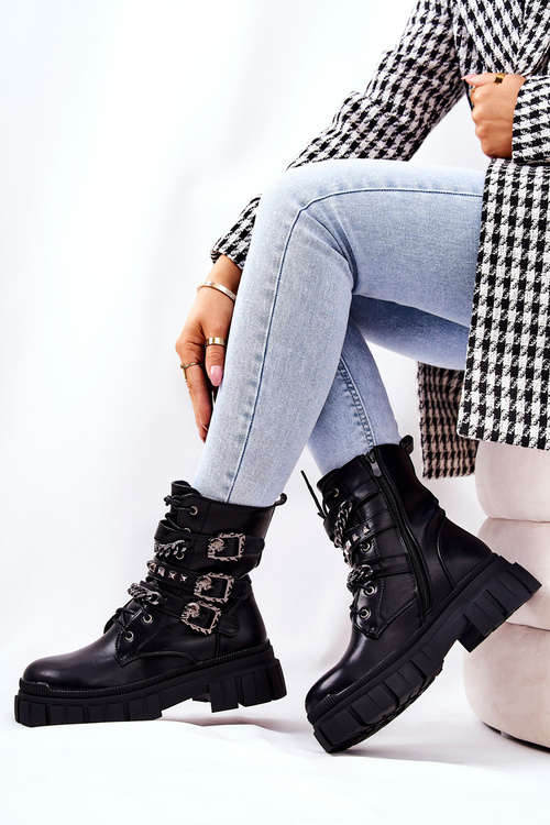 Tiered Boots with Chain Buckle Black Reiloy
