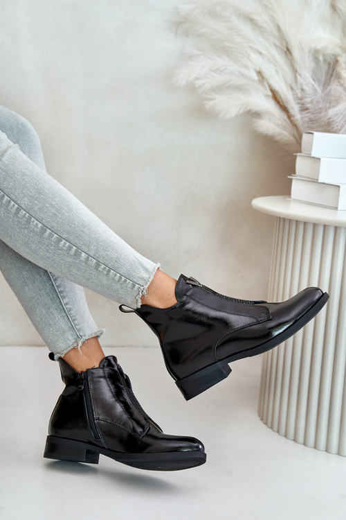 Botki Damskie Płaski Obcas Ocieplane Lakierowane Czarne S.Barski HY42-120