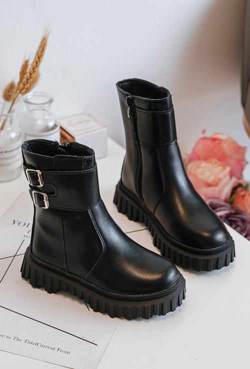 Children's Leather Boots with Buckles Black Chloraia