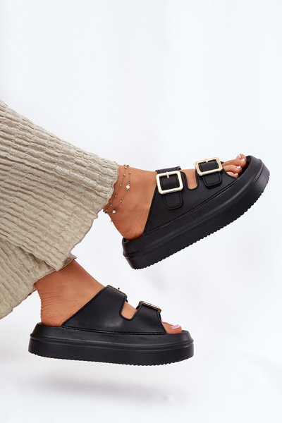 Women's Platform Slippers With Golden Buckles Black Zorila