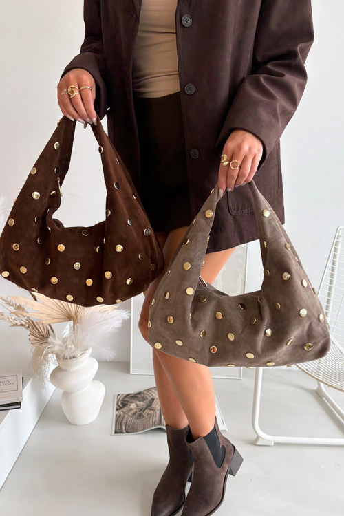 Leather Suede Bag with Embellishment Dark Beige Narisse