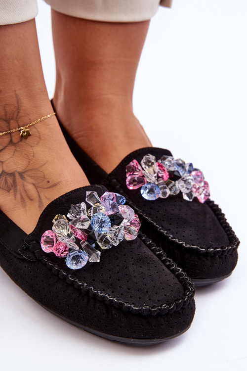 Stylish Suede Moccasins with Embellishments Black Delima