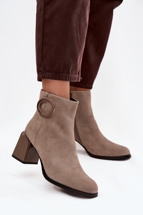 Suede Block Heel Boots Lined With Decorative Detail Artiker 57C0014 Beige