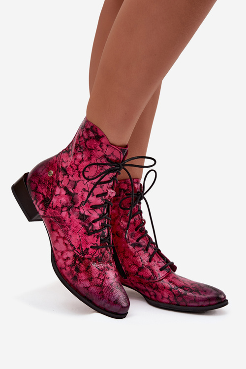 Leather Patterned Ankle Boots On Flat Heel Maciejka 06391-23 Pink