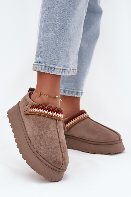 Women's Low Snow Boots With Movable Strap And Embroidery On Platform Dark Beige Lyrisse