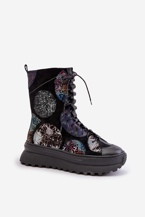 Ocieplane Skórzane Zamszowe Botki Na Platformie Czarne Maciejka 06565-01