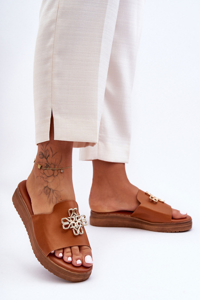 Klapki Damskie Klasyczne Skórzane Na Platformie Brązowe Azera GG-585