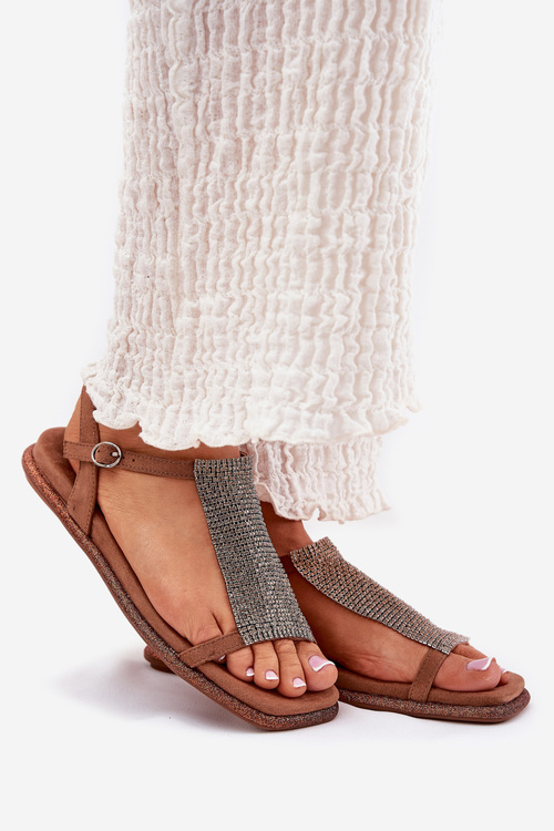 Flat Elegant Women's Sandals With Crystals Artiker 56C1365 Brown