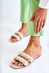 Women's Leather Slippers With Decorative Pearls Beige Lasello