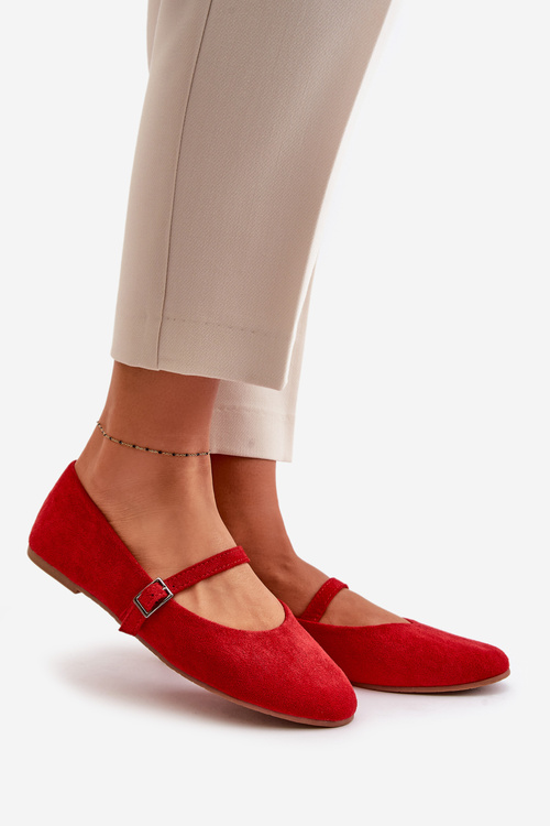 Flat Ballet Shoes With Strap Eco Suede Red Tirilina