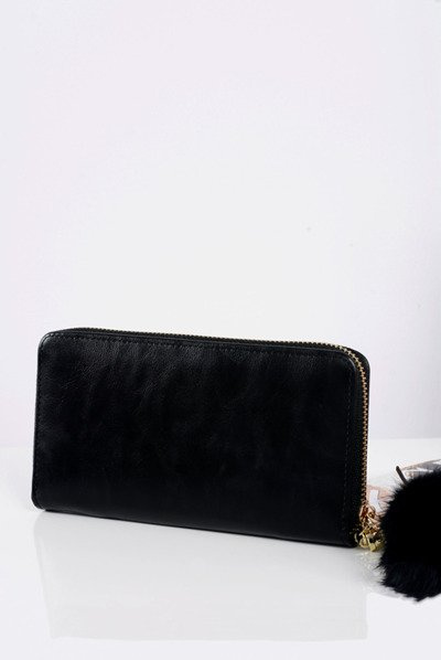 Large Women's Black Wallet Gold Zip Keyring Fur.