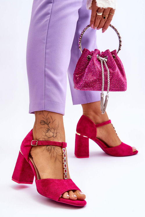 Suede High Heel Sandals With Cubic Zirconia Fuchsia Aniya