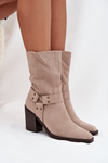 Ladies warm ankle boots on a heel with straps and a decorative detail beige Neria