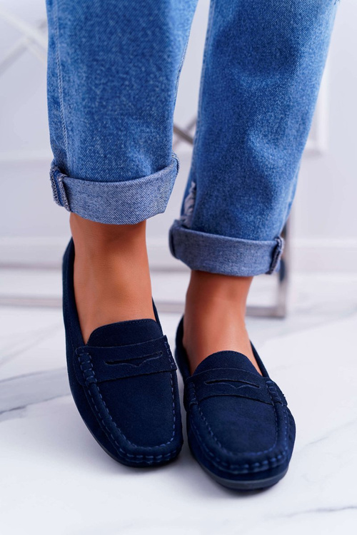 Women's Suede Leather Moccasins Navy Blue Tenzion