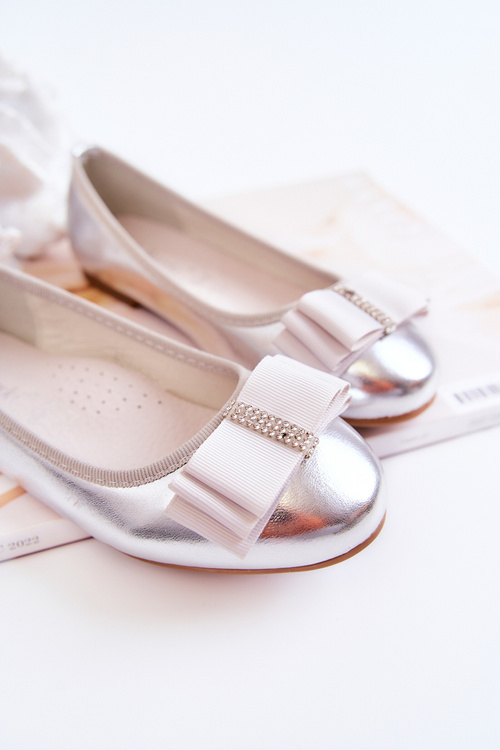 Leather Children's Ballerinas With A Decorative Bow Silver Claril