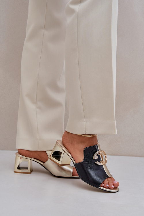 Klapki Damskie Skóra Naturalna Obcas Eleganckie Czarno-Złote Laura Messi 2875